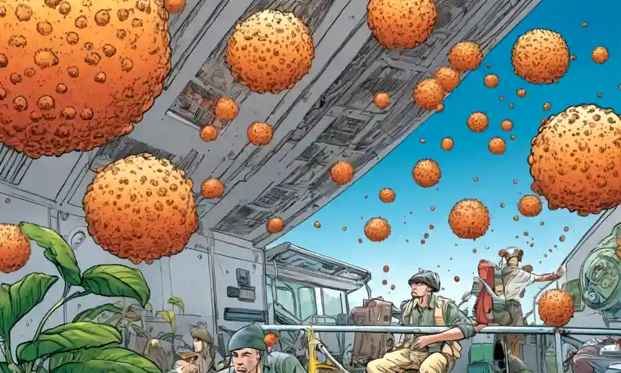 Ilustración mostrando esporas aéreas que afectan a figuras humanas cubiertas.