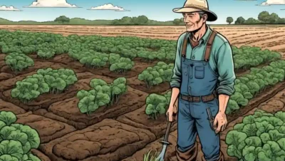 Un agricultor observando redes fúngicas en el suelo mientras los cultivos prosperan.