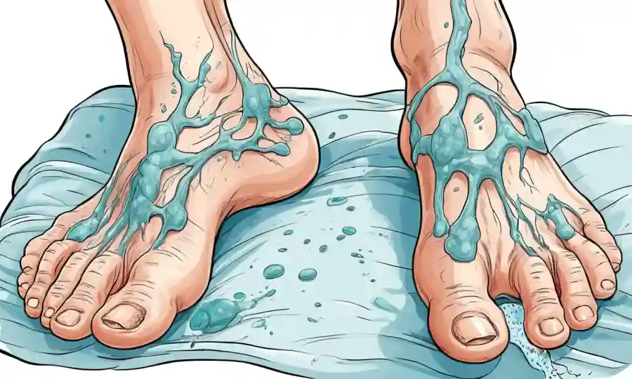 Un par de pies que sufren de infecciones fúngicas, ilustraciones y diagramas que explican los efectos.