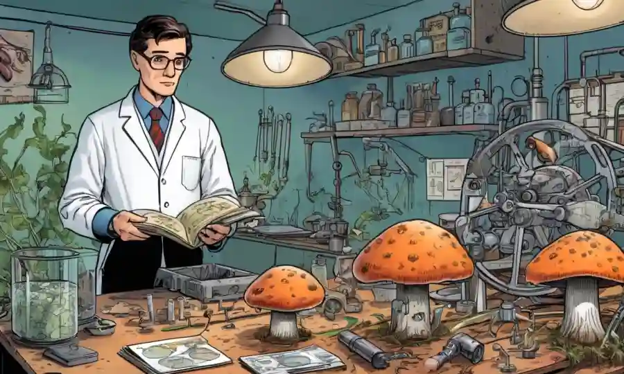 Un micólogo que estudia hongos en un laboratorio rodeado de equipos y gráficos agrícolas.