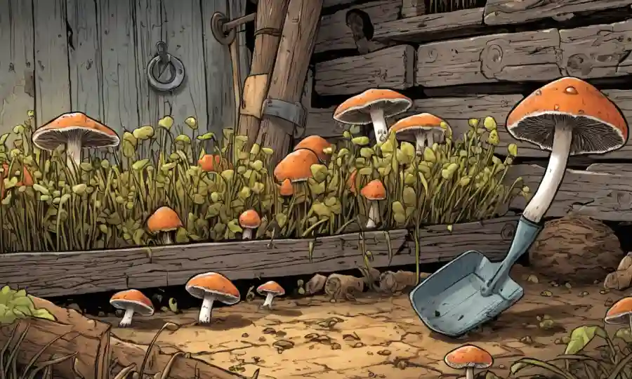 Los hongos crecen cerca de las herramientas agrícolas o cultivos contra un fondo rústico.