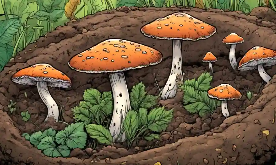 Fungi creció en suelo agrícola con varios cultivos alrededor.
