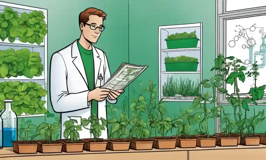 Una persona en un laboratorio observando plantas con un gráfico que muestra impacto ambiental.