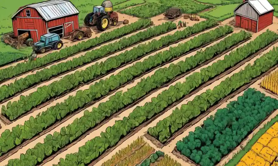 Vista aérea de una granja que muestra diferentes cultivos