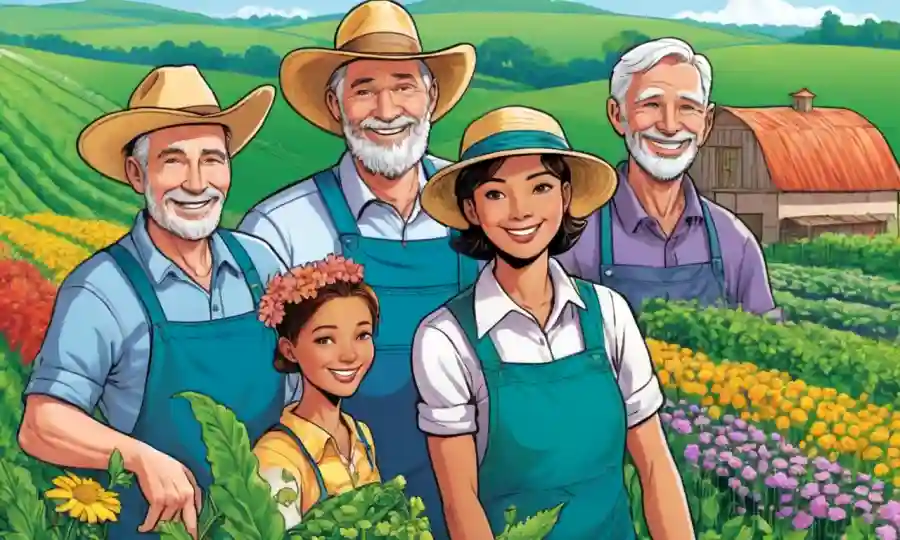 Agricultores con caras sonrientes de pie en medio de exuberantes campos verdes de diversos cultivos y flores florecientes.