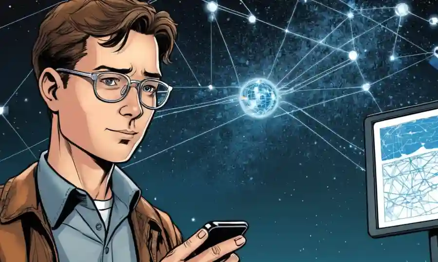 Una persona que aprende desde su teléfono en las redes de transmisión de datos científicos.