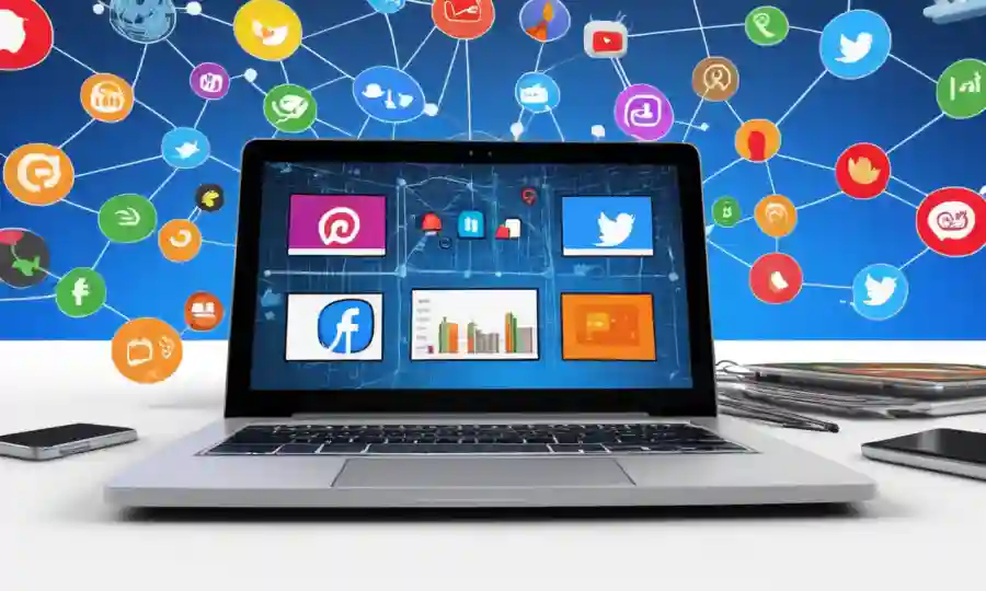 Gráficos y diagramas que interactúan con los iconos de redes sociales en una pantalla portátil.