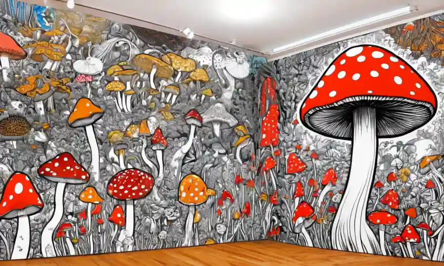Una fusión creativa de hongos y piezas de arte contemporáneo en una pared de galería.