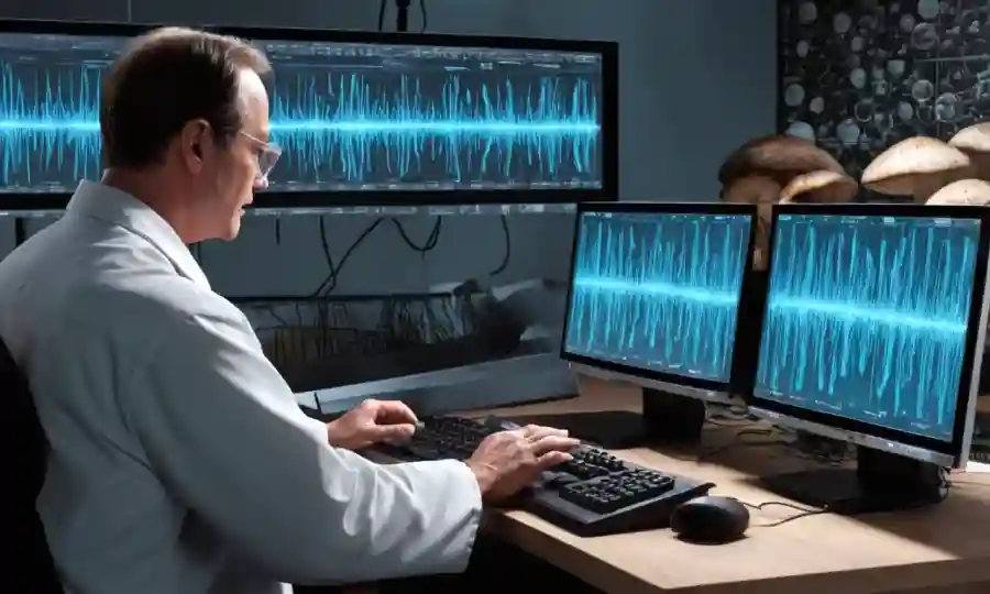 Un científico examinando muestras de hongos junto a las visualizaciones de onda sonora en una pantalla de computadora.