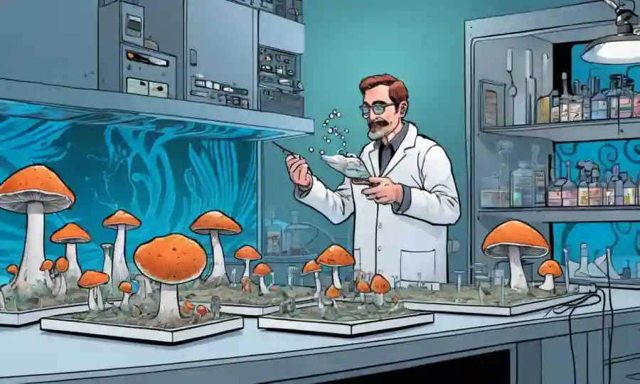 Un micólogo con muestras de hongos cerca de visualizadores de ondas sonoras en un entorno de laboratorio.