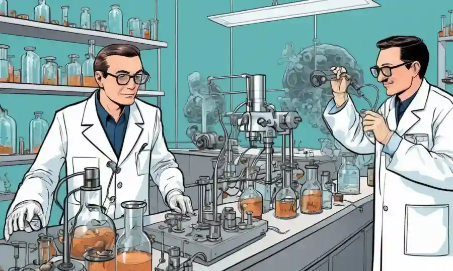Científicos que realizan experimentos en un laboratorio con hongos y equipos de sonido.