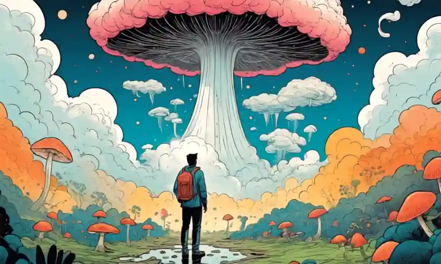 Una persona que reflexiona sobre una nube en forma de hongos en medio de formas abstractas que representan experiencias de vida.