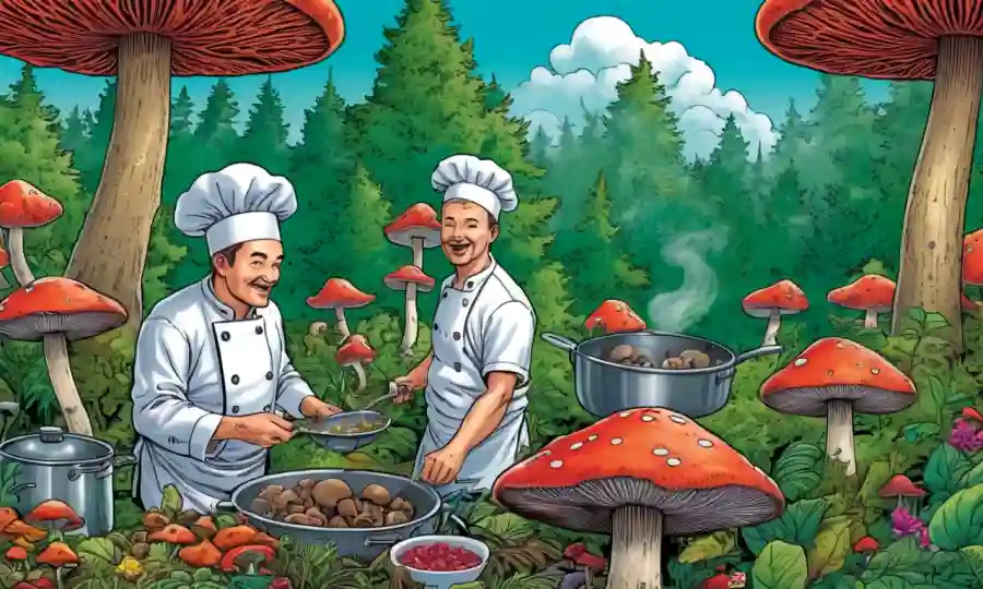 Setas comestibles y chefs preparando platos entre bosques exuberantes y colores vibrantes.