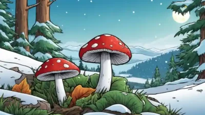 Una gorra de hongos o tallos situados entre elementos de paisaje estacional como hojas o nieve.
