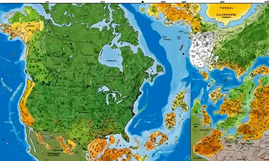 Mapa que muestra patrones de distribución de hongos en diferentes zonas climáticas con cambios estacionales que afectan la fisiología de hongos.