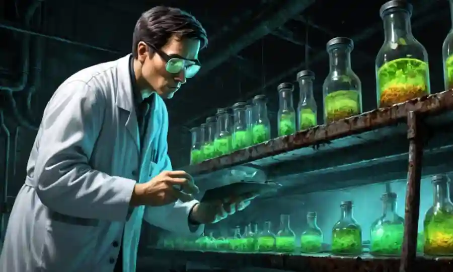 Un científico que examina muestras fúngicas en un entorno industrial contaminado.