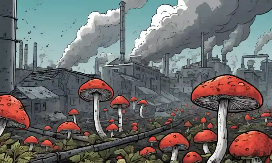 Una ilustración de hongos en medio de la contaminación industrial con señales de alarma roja alarmantes.