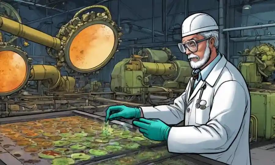 Científico analizando muestras fúngicas entre maquinaria industrial y contaminación.