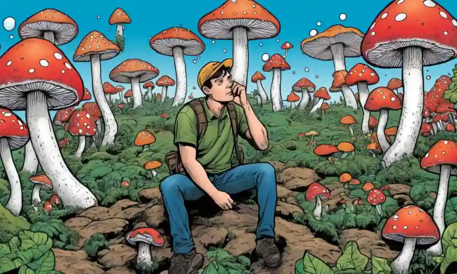 Una persona rodeada de hongos