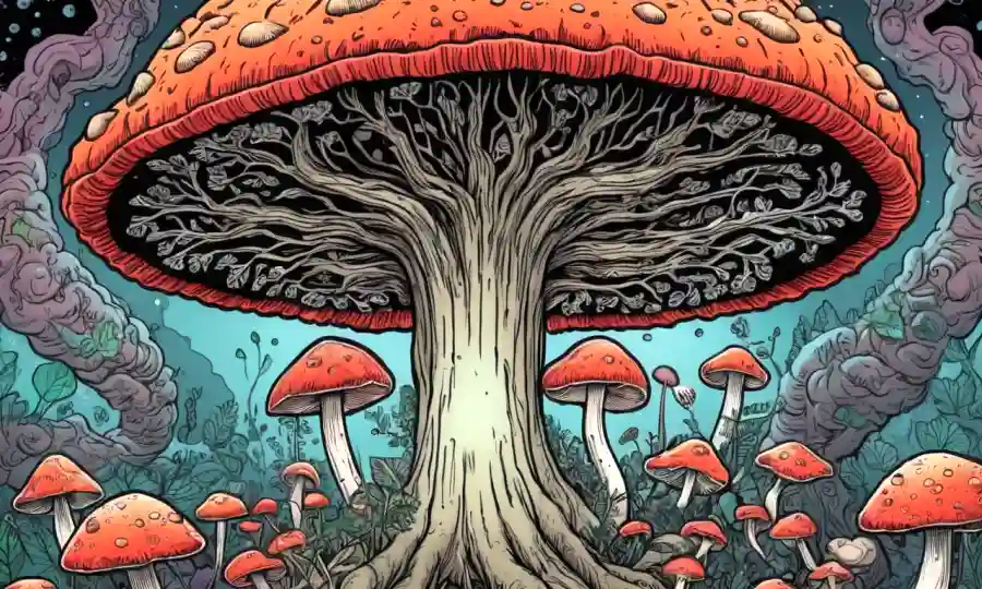 Un hongo creciendo en medio de las regiones del cerebro en un fondo que representa procesos psicológicos complejos.