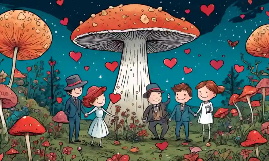 Una ilustración caprichosa que muestra un hongo creciendo entre las parejas que celebran el amor, con chispas y corazones volando alrededor.
