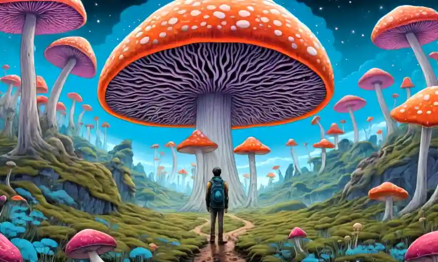 Una persona en medio de un paisaje surrealista con champiñones psicodélicos floreciendo, simbolizando la percepción alterada y el romanticismo.