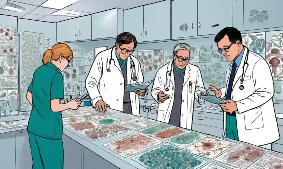 Médicos que examinan muestras fúngicas entre diagramas y estadísticas de salud.