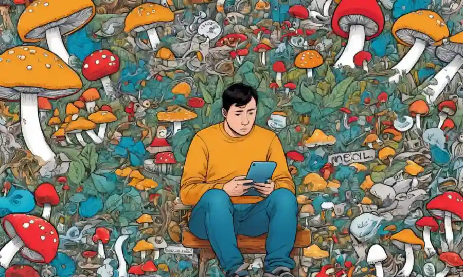 Una persona sentada en medio de un collage de iconos de redes sociales, contemplando el impacto de los hongos en la vida cotidiana.