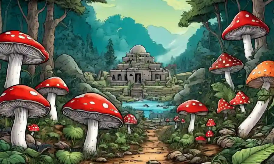 Setas creciendo en el bosque rodeado de antiguas civilizaciones arte y utensilios cotidianos.