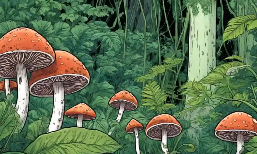 hongos microscópicos creciendo dentro de los tejidos vegetales en medio de un fondo de vegetación exuberante y diversidad de ecosistemas.