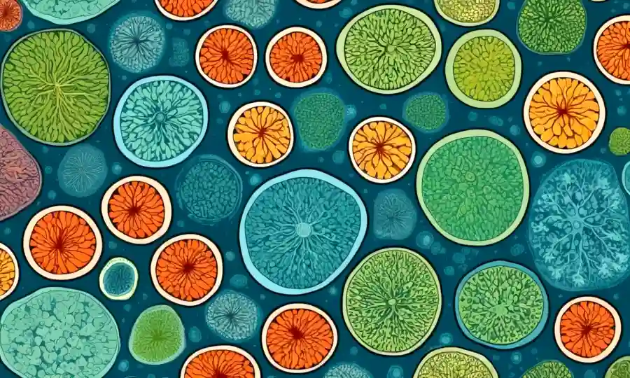 Una imagen microscópica de células vegetales con microorganismos beneficiosos que prosperan entre ellas.