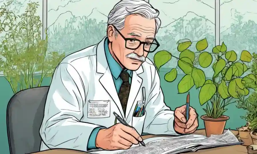Un científico que estudia plantas rodeadas de gráficos y notas sobre ecología y conservación del suelo.