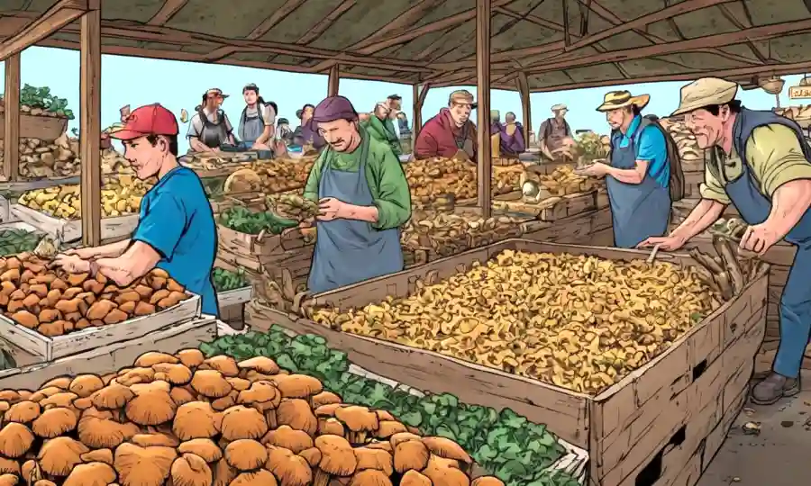 La gente cosecha y vende hongos comestibles en una escena del mercado local.