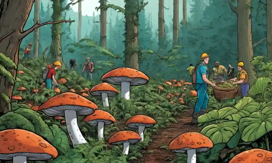 Fungi siendo cosechado en un bosque exuberante, con gente procesando en el fondo.