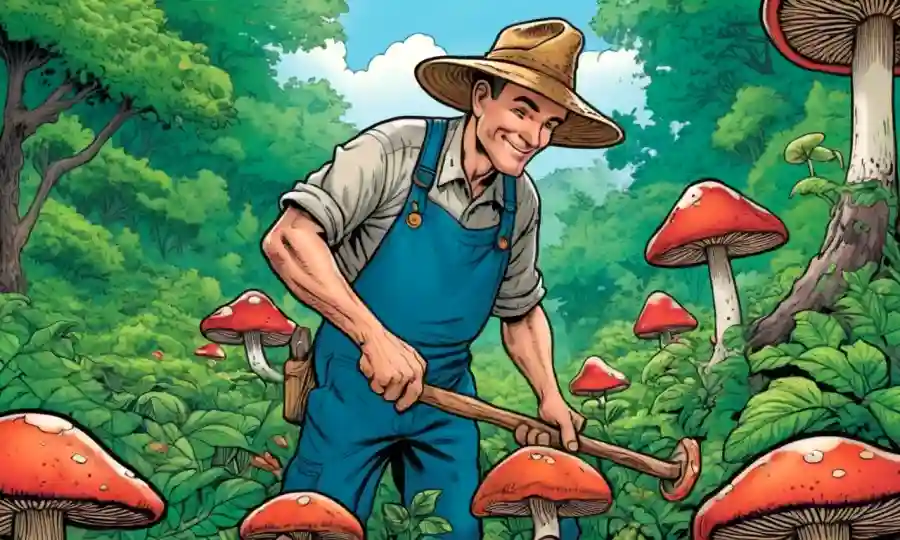 Un granjero que tiende a un parche de setas vibrante en medio de vegetación exuberante.