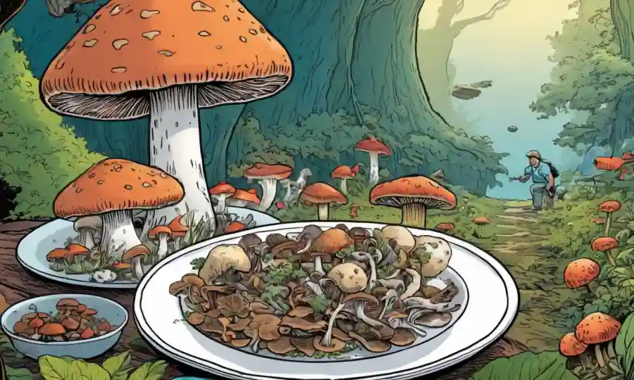 Un plato de varios tipos de hongos comestibles con una persona comiendo en el fondo.