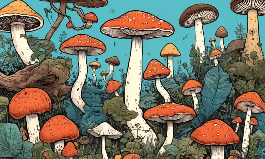 Tipos de hongos de hongos ilustrados junto con símbolos de salud humana en una conexión armónica.