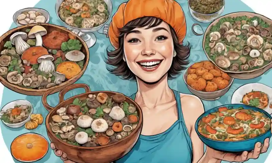 Retrato de una persona feliz con diferentes platos basados en hongos.