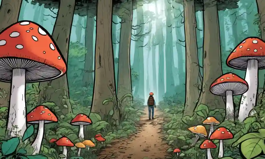 Una persona rodeada de hongos en un bosque, con gráficos inspirados en la Tierra y texto destacando beneficios sostenibles.