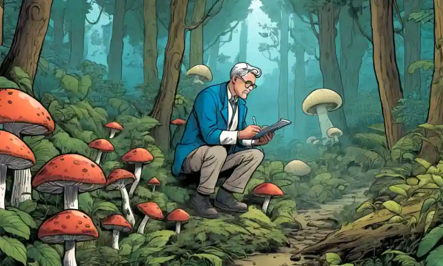 Un científico que examina las setas en un entorno forestal en medio de una vida vegetal diversa.