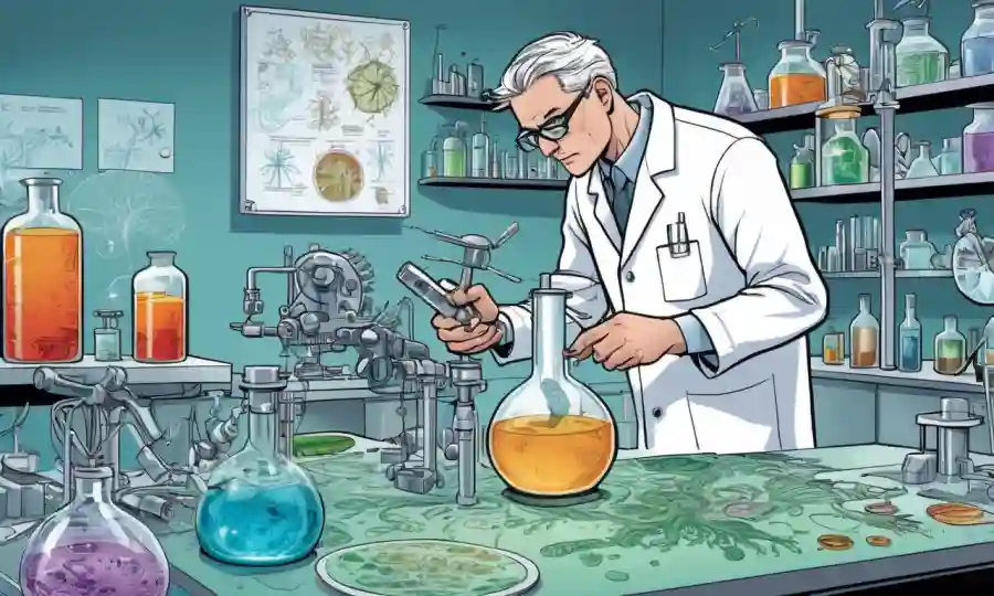 Un científico que examina microorganismos en un laboratorio, rodeado de equipos y diagramas de entornos naturales.