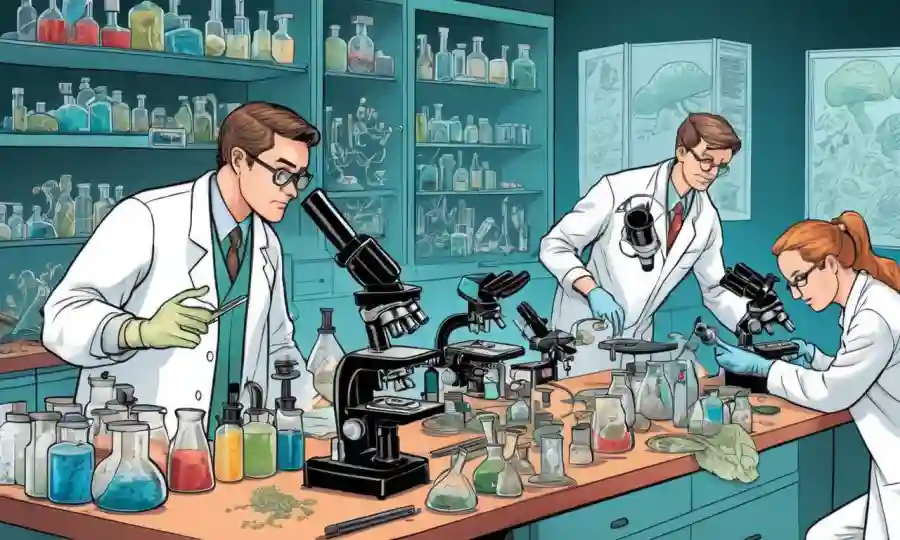Científicos que estudian muestras de hongos en la configuración del laboratorio, con diagramas y microscopios al lado.