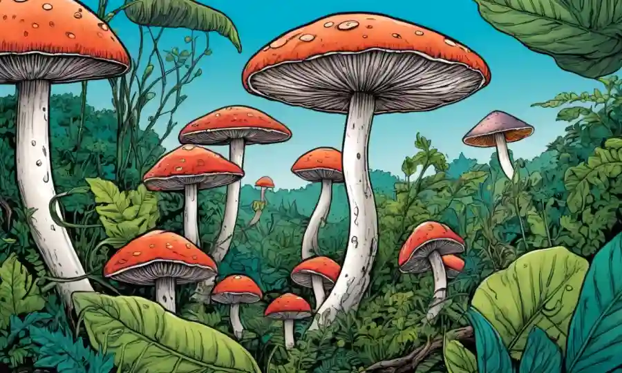 Ilustraciones coloridas de hongos beneficiosos interactuando con plantas en medio de vegetación exuberante.