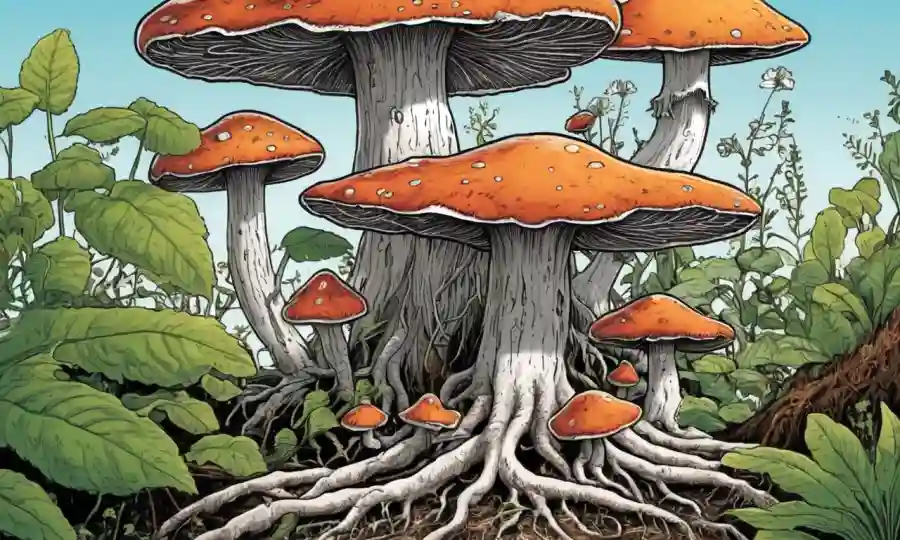 Crecimiento de hongos entre las raíces de plantas con ilustraciones de relaciones simbióticas.
