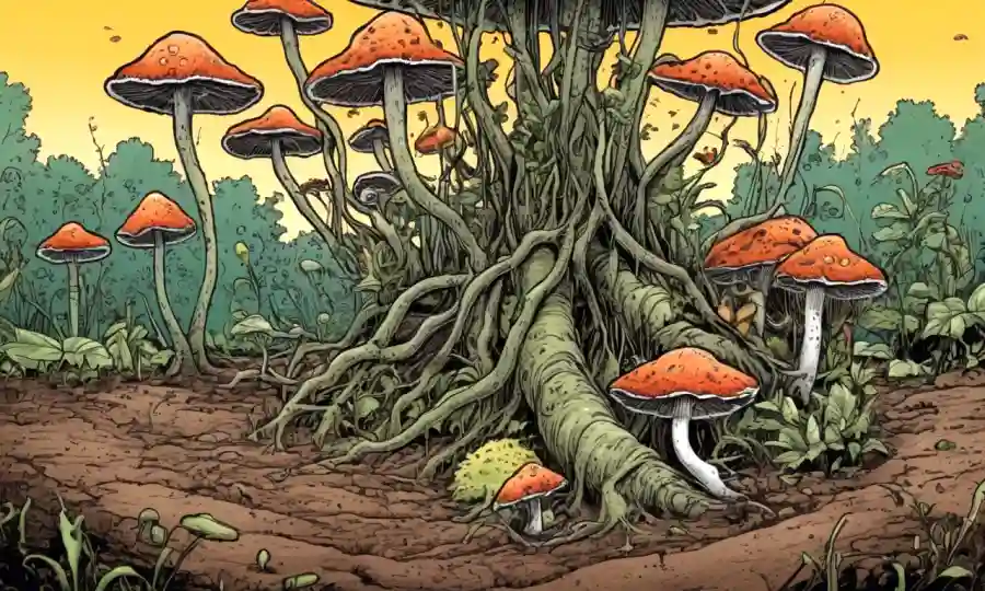 Plantas por hongos que crecen saludablemente en el suelo