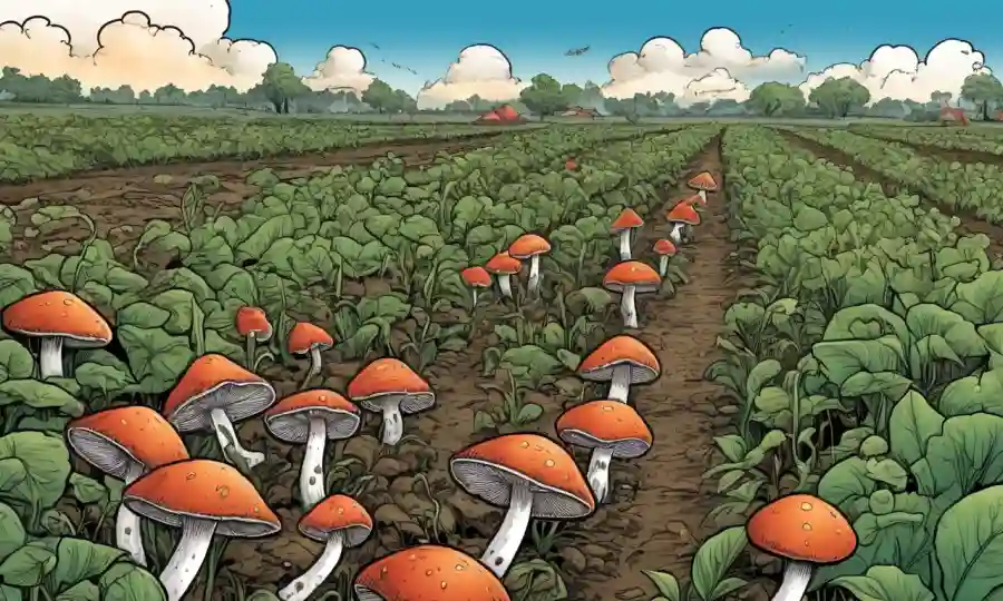 Crecimiento de hongos entre cultivos, destacando el impacto en el ecosistema y el cambio climático.