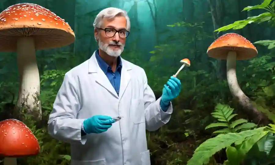Un científico que sostiene una muestra de hongos en medio de ecosistemas naturales prósperos con indicadores de crecimiento.