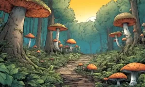 Una escena forestal destacando el crecimiento de hongos cerca de los árboles.