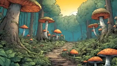 Una escena forestal destacando el crecimiento de hongos cerca de los árboles.