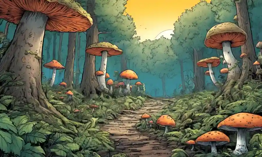 Una escena forestal destacando el crecimiento de hongos cerca de los árboles.